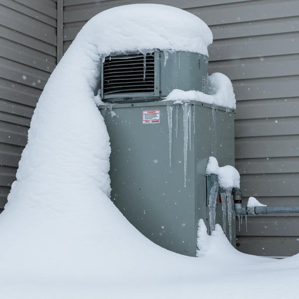 Furnace vent blocked by heavy snow and ice, illustrating winter weather risks to heating systems, relevant for HVAC maintenance tips.