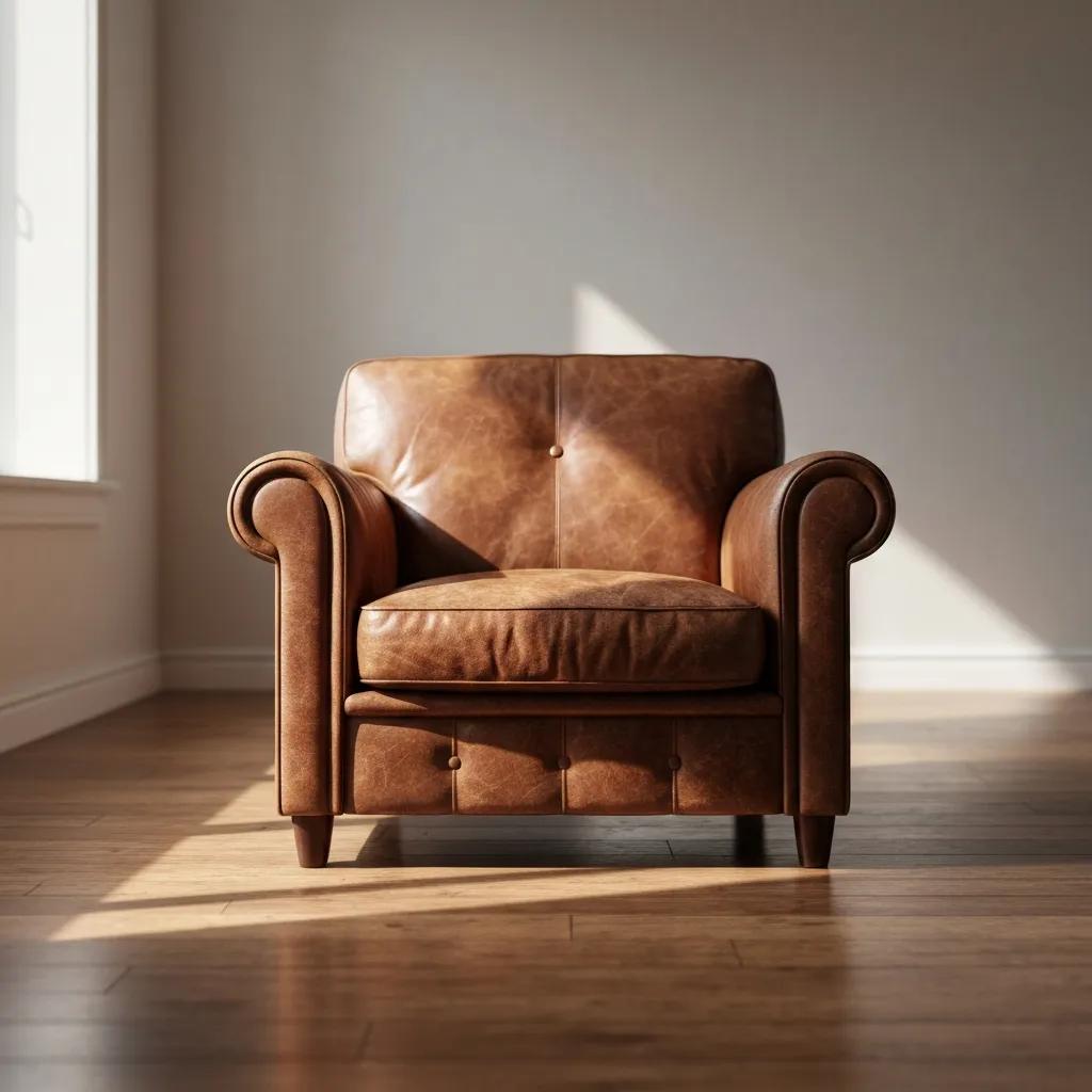 Brown leather armchair in a well-lit room, emphasizing comfort and interior design aesthetics.