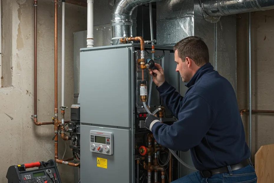 Technician performing furnace maintenance in a basement, emphasizing preventative care for winter HVAC readiness in Lake County, IN.