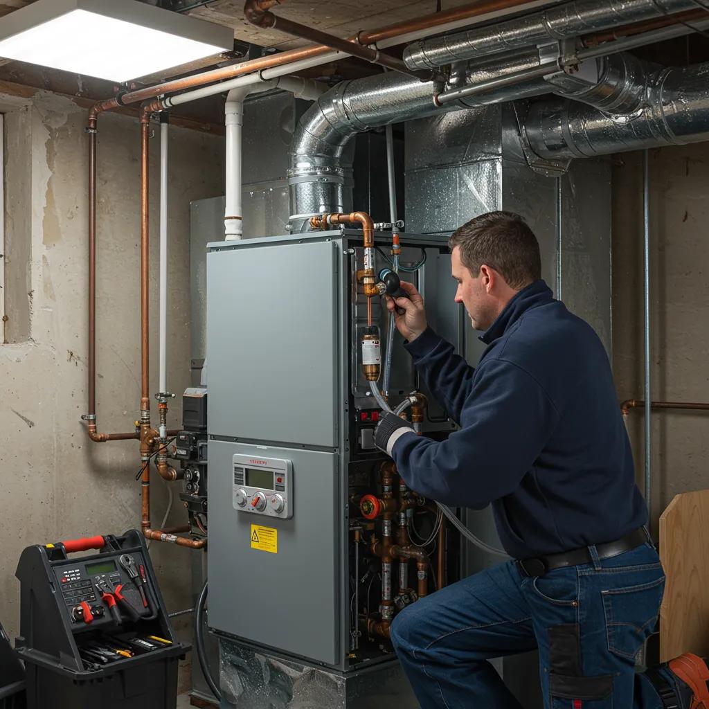 Technician performing furnace maintenance, checking equipment for winter readiness, emphasizing HVAC preventive care in Crown Point, Indiana.