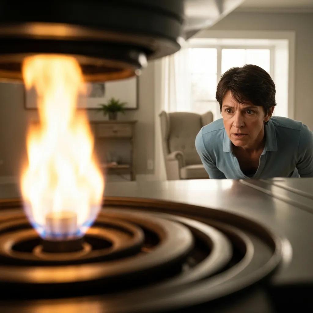 Yellow pilot flame indicating safety risks in a gas furnace