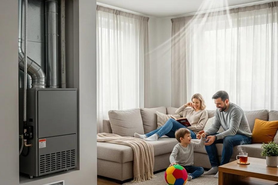 Cozy home interior with visible furnace vents and a family enjoying warm airflow