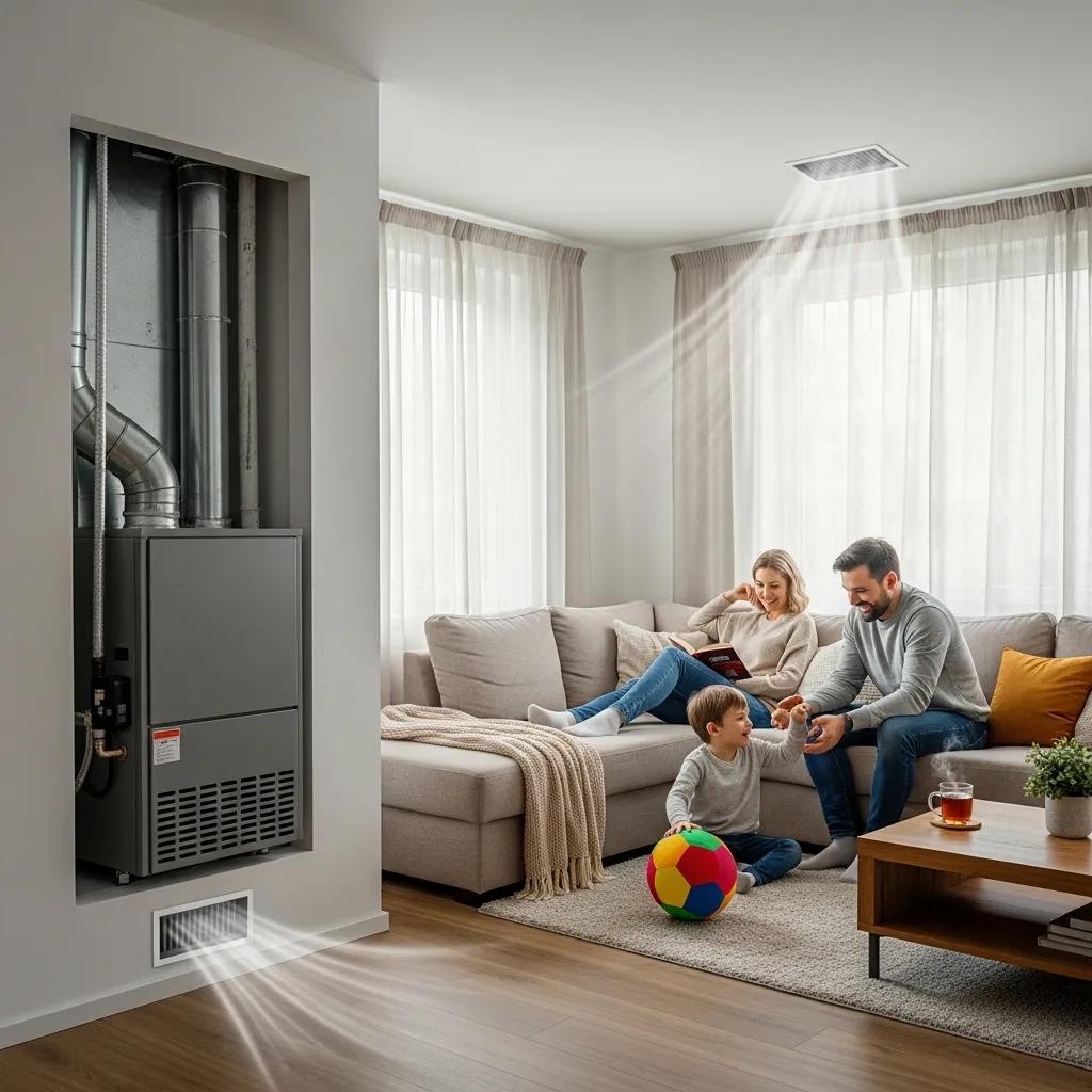 Cozy home interior with visible furnace vents and a family enjoying warm airflow
