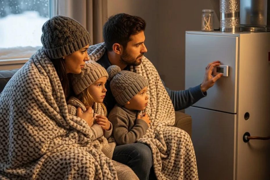 Family in a cozy living room checking thermostat during winter heating emergency