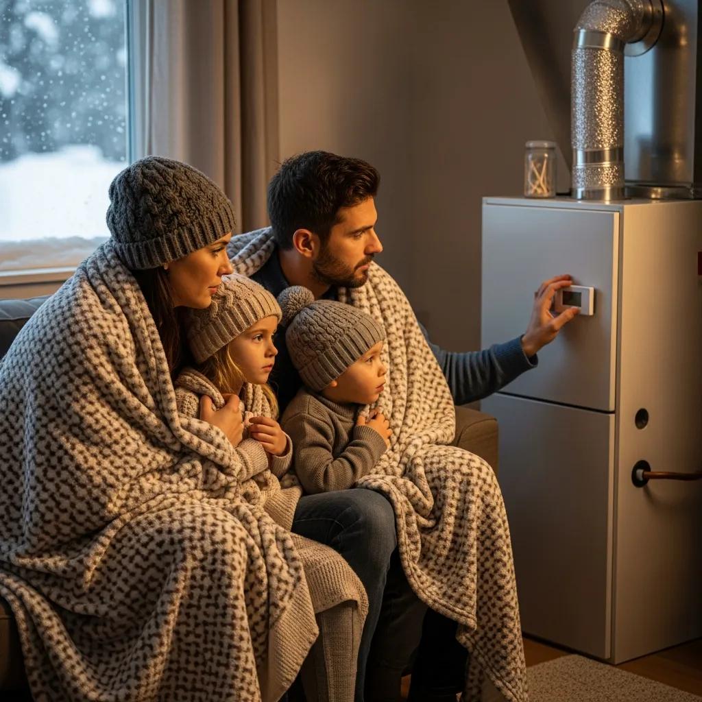 Family in a cozy living room checking thermostat during winter heating emergency