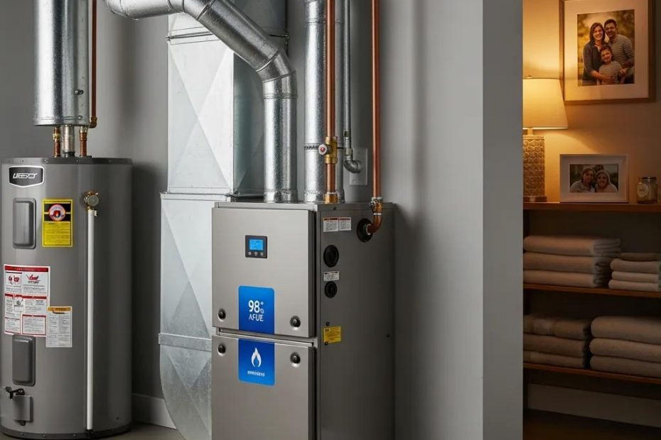 High-efficiency furnace installation in a modern home utility room