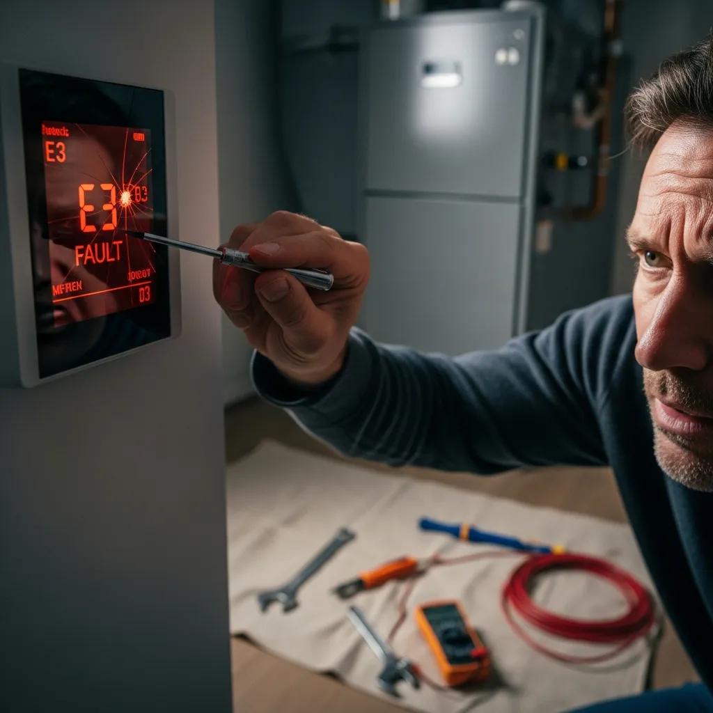 Homeowner inspecting malfunctioning thermostat indicating heating system failure