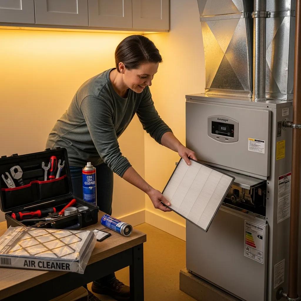 Homeowner performing maintenance on a high-efficiency furnace