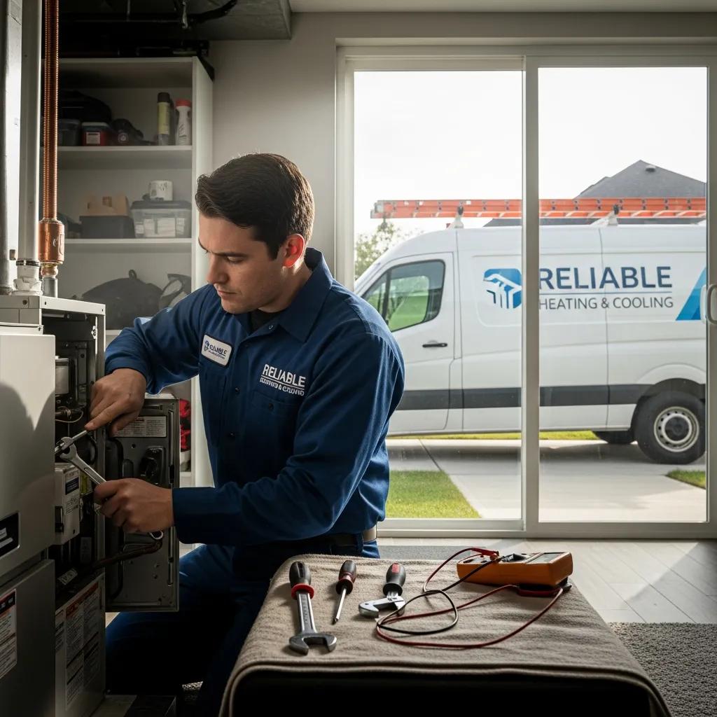 HVAC technician performing emergency heating repair service in a home
