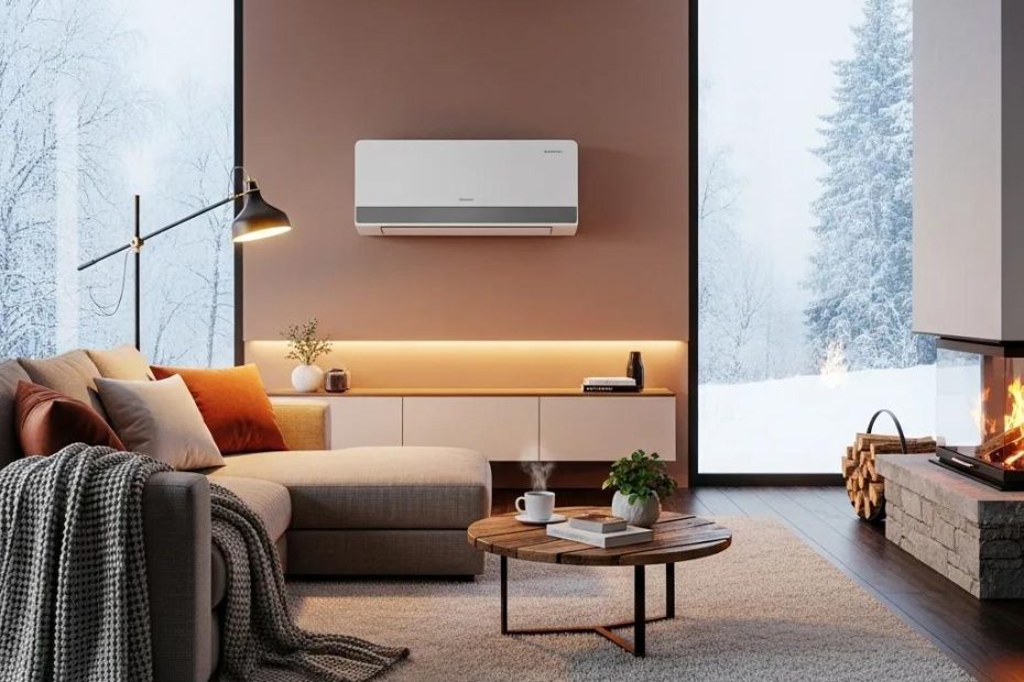 Modern heat pump in a cozy living room, highlighting energy efficiency and comfort