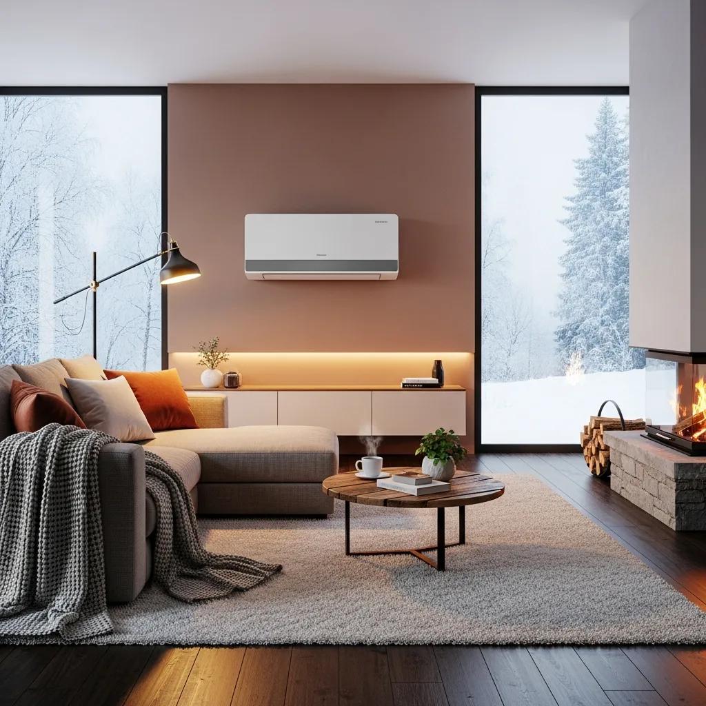 Modern heat pump in a cozy living room, highlighting energy efficiency and comfort