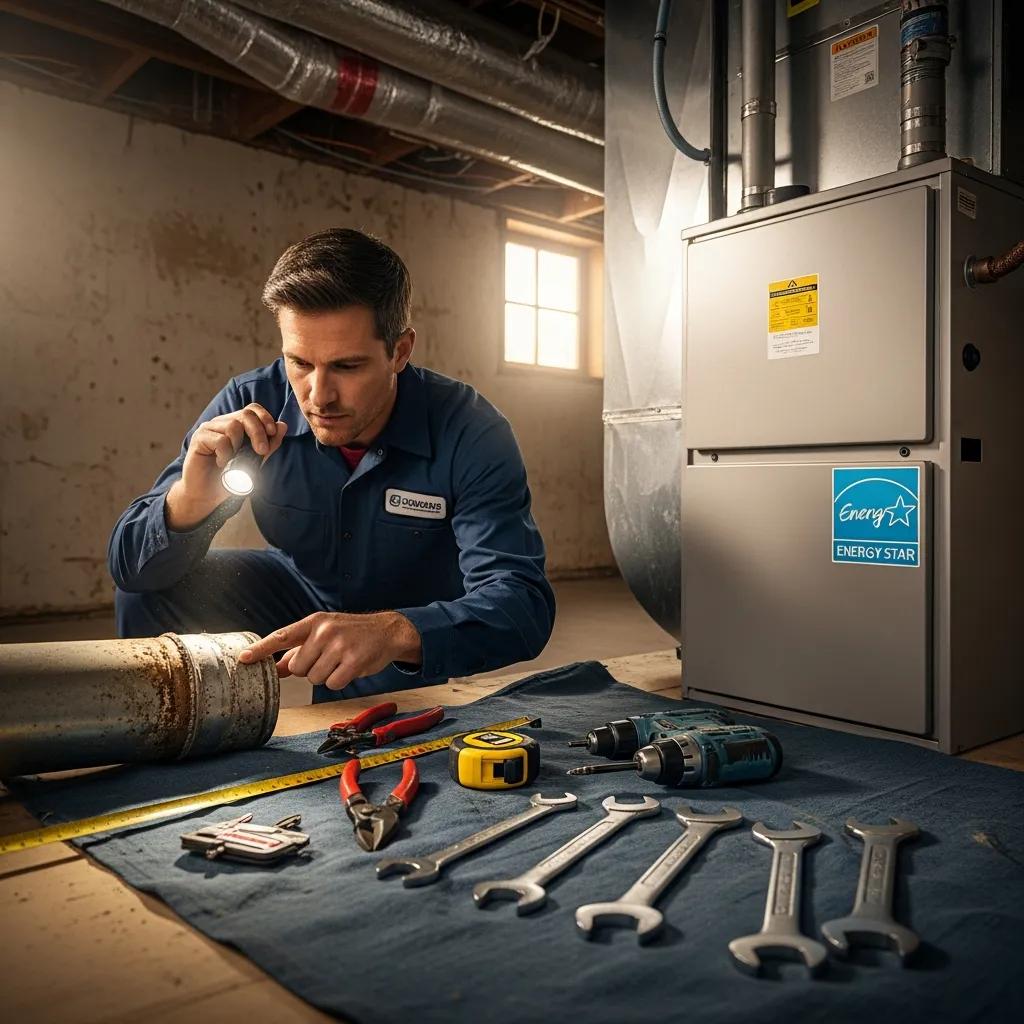 Technician examining ductwork and furnace installation tools