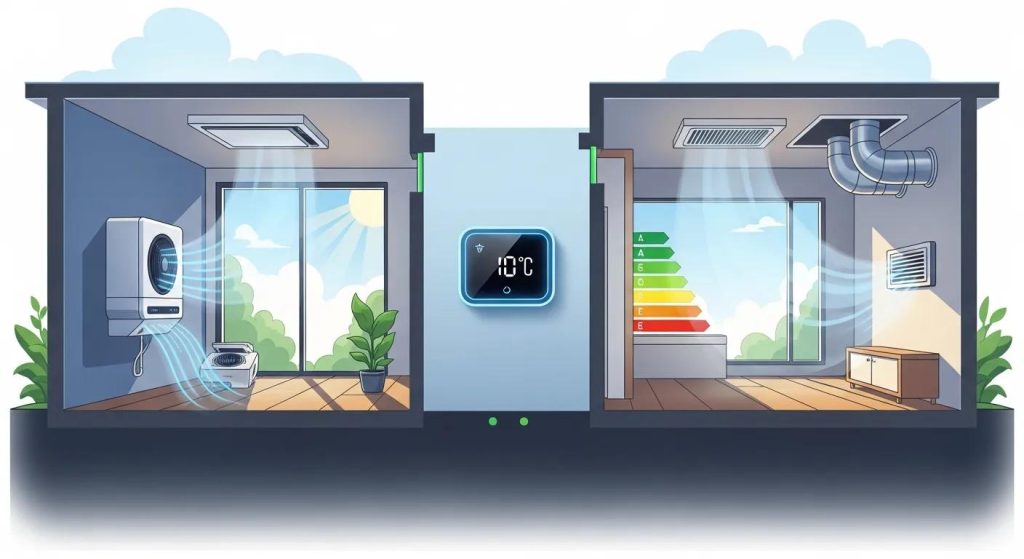 Illustration of a split HVAC system showcasing smart temperature control, energy efficiency indicators, and indoor air quality improvements, relevant to 2026 HVAC trends for homeowners.