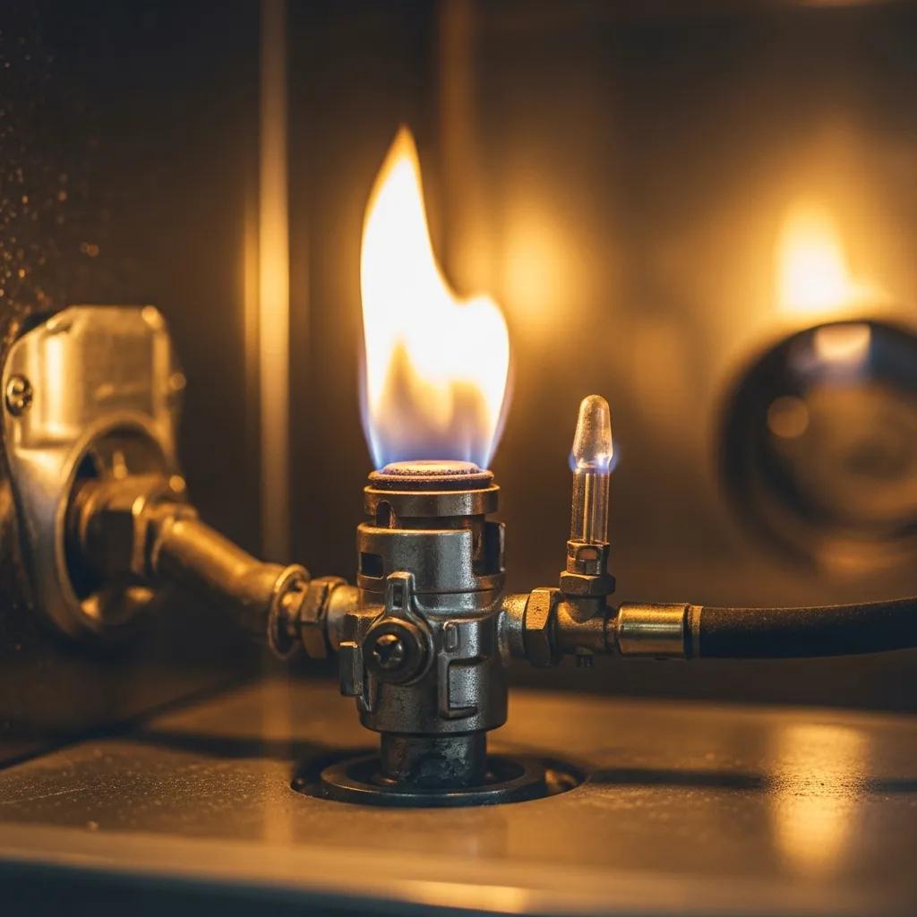 Close-up of a furnace pilot light showing a yellow flame, indicating potential safety issues