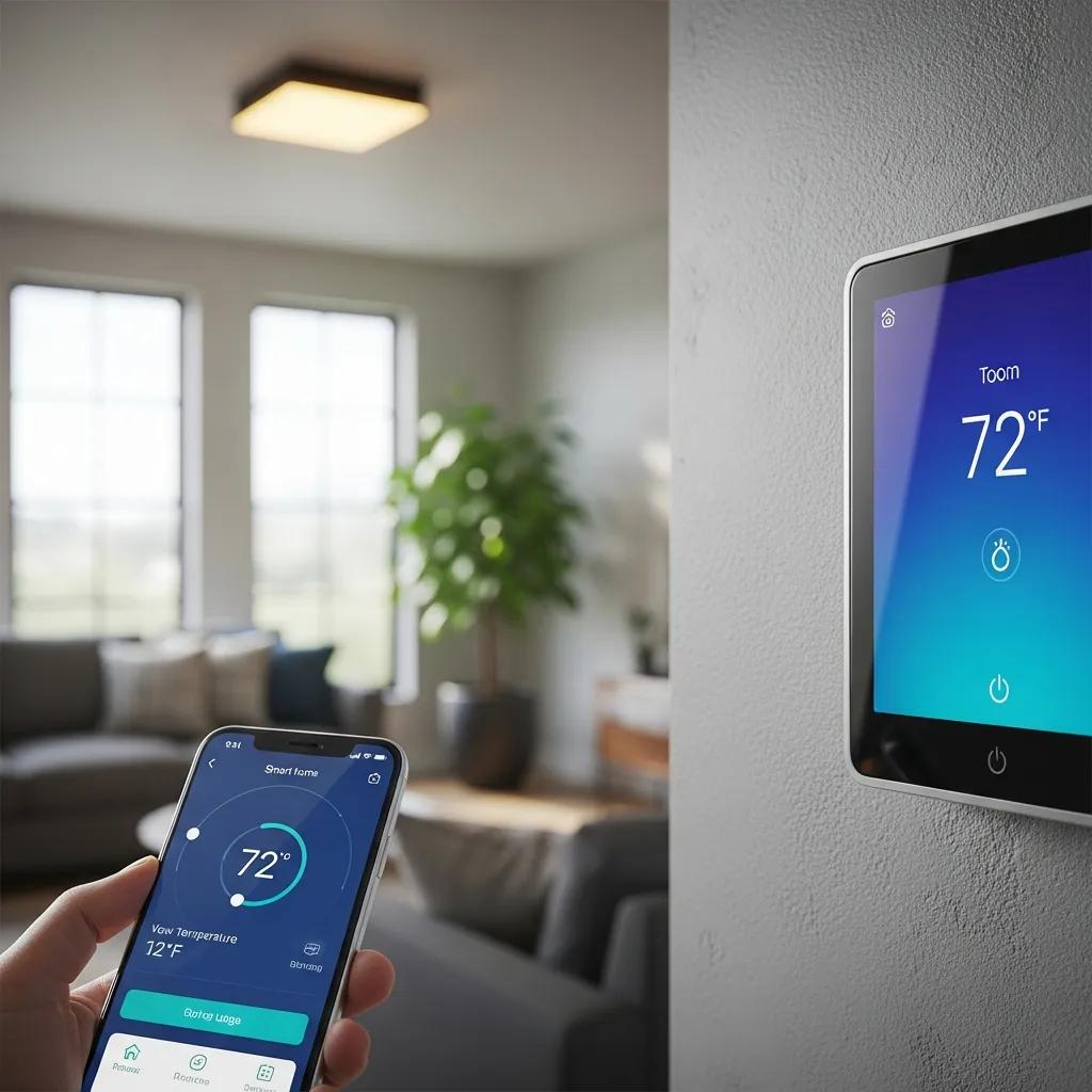 Smart thermostat displaying 72&deg;F with smartphone control in modern living room, illustrating energy-saving technology and user interaction for heating efficiency.
