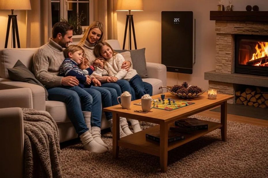 Cozy living room with family enjoying warmth by fireplace, showcasing energy-efficient heating solutions, and emphasizing comfort during colder months.