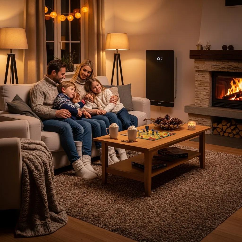 Cozy living room with family enjoying warmth, emphasizing energy-efficient heating solutions and comfort during winter.