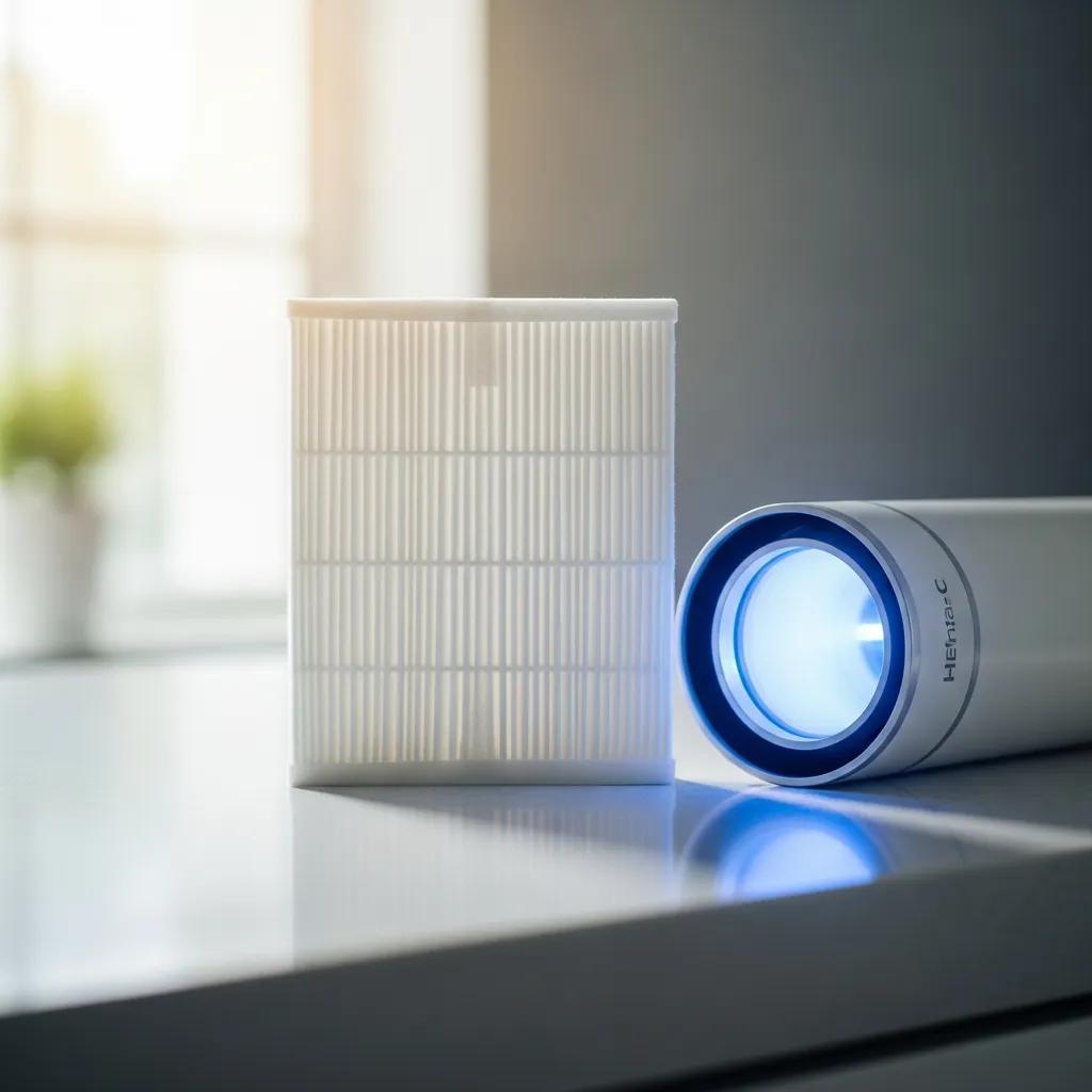 HEPA filter and UV-C air purifier on countertop, showcasing advanced indoor air quality solutions for healthier home environments.