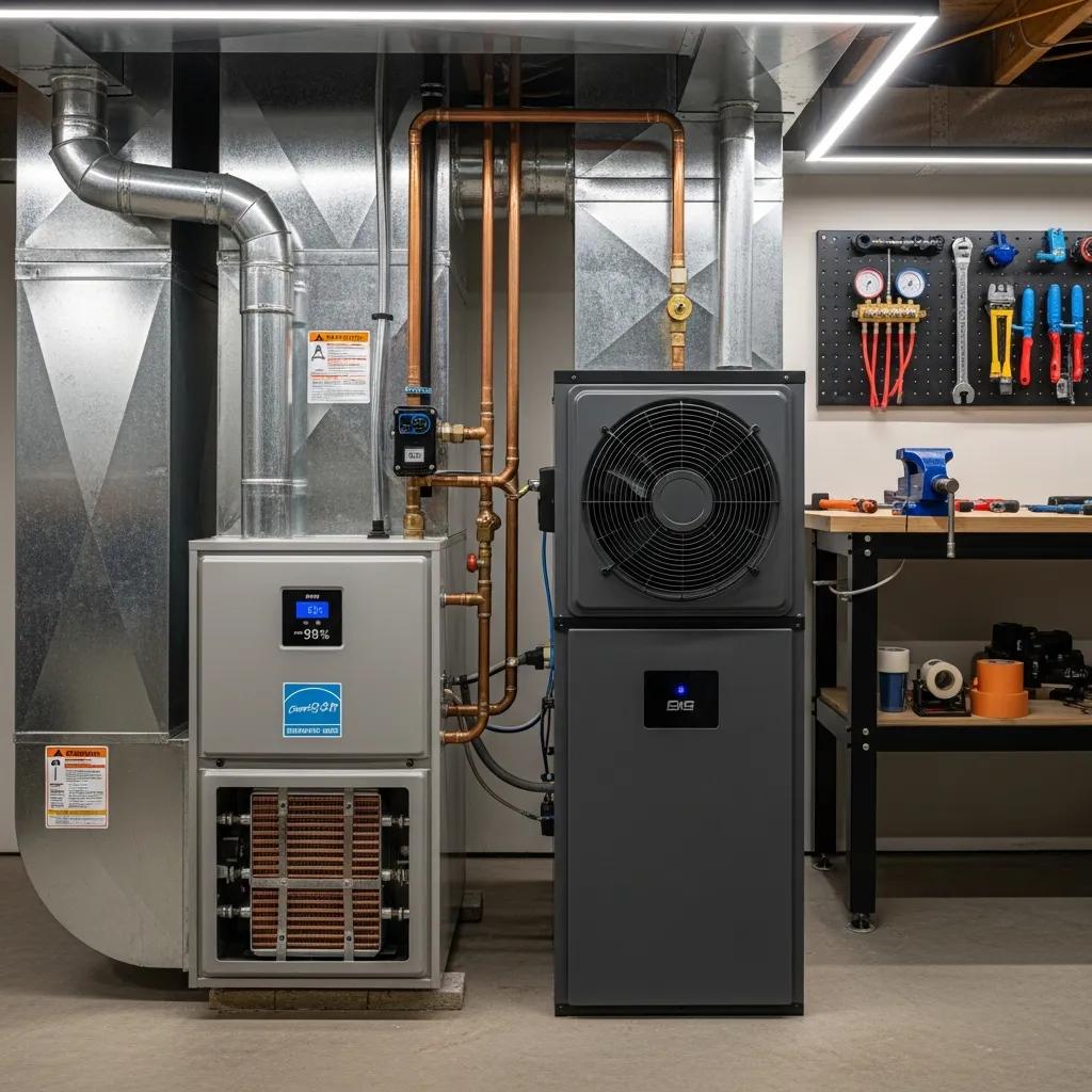 High-efficiency furnace and heat pump installation in a modern basement, showcasing energy-efficient HVAC technology and components for optimal heating and cooling performance.
