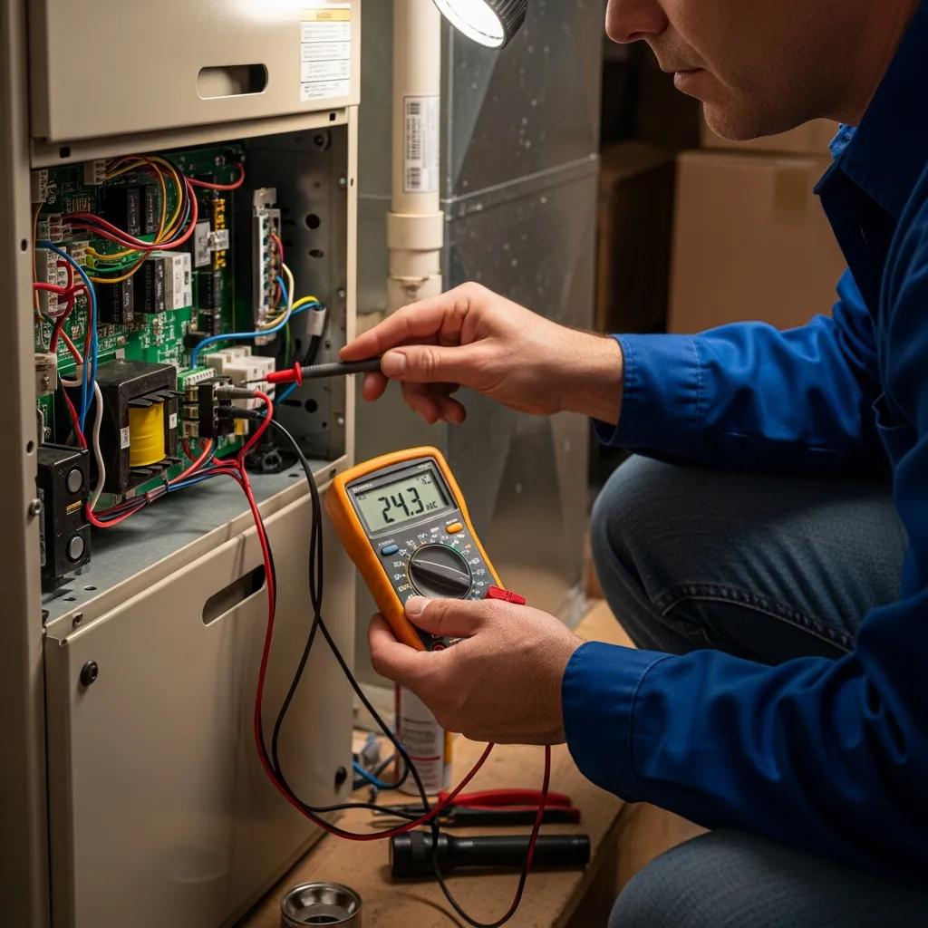 Homeowner inspecting a furnace, checking thermostat and power supply for troubleshooting