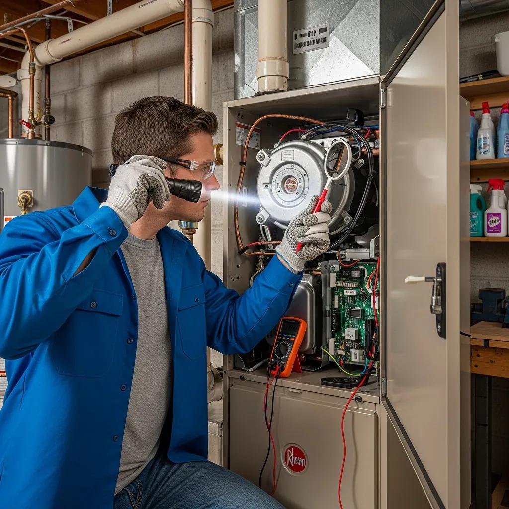 Technician inspecting a furnace to diagnose noisy operation issues