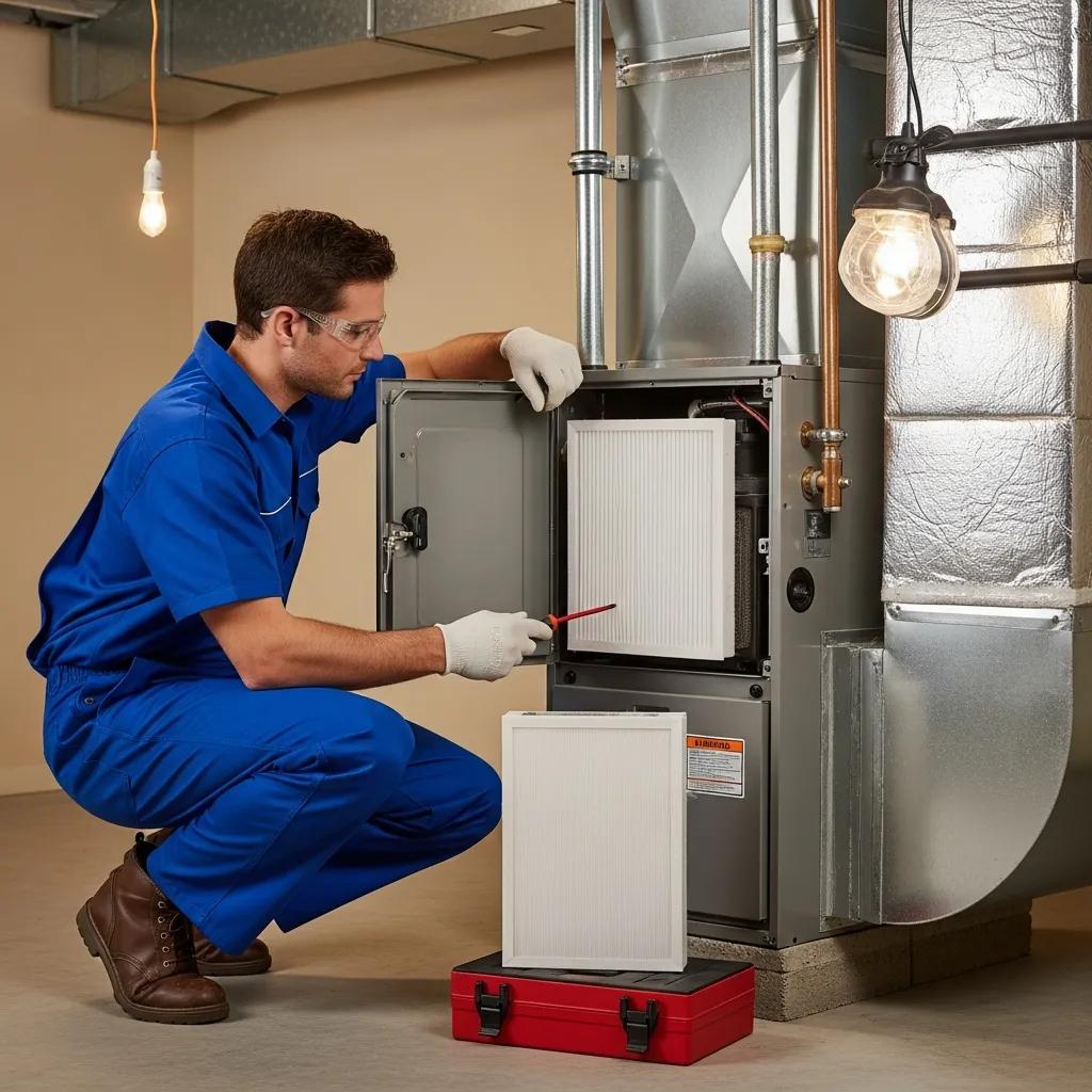 Technician performing maintenance on a furnace, emphasizing the importance of regular inspections