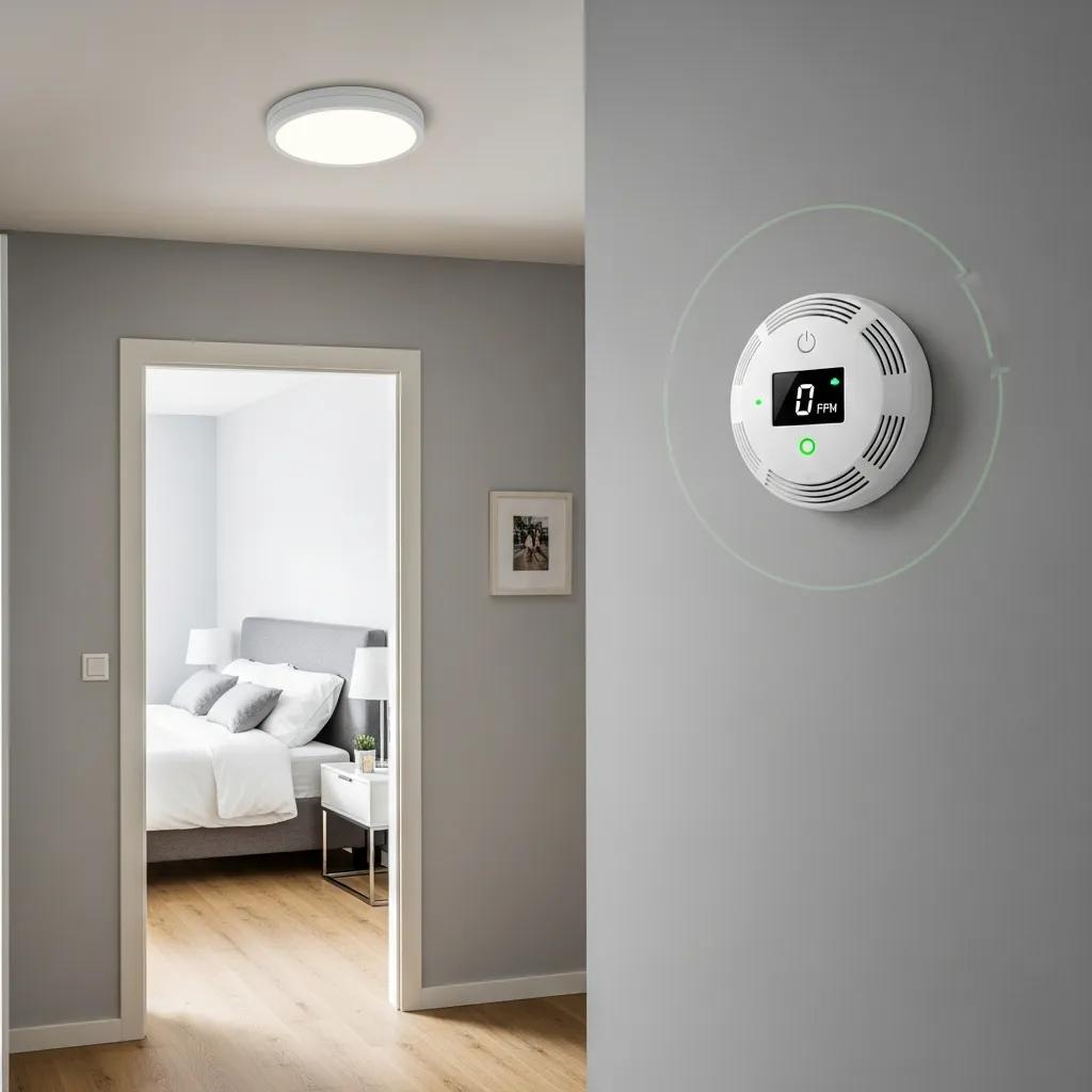 Carbon monoxide detector installed outside a bedroom, showcasing safety compliance in homes