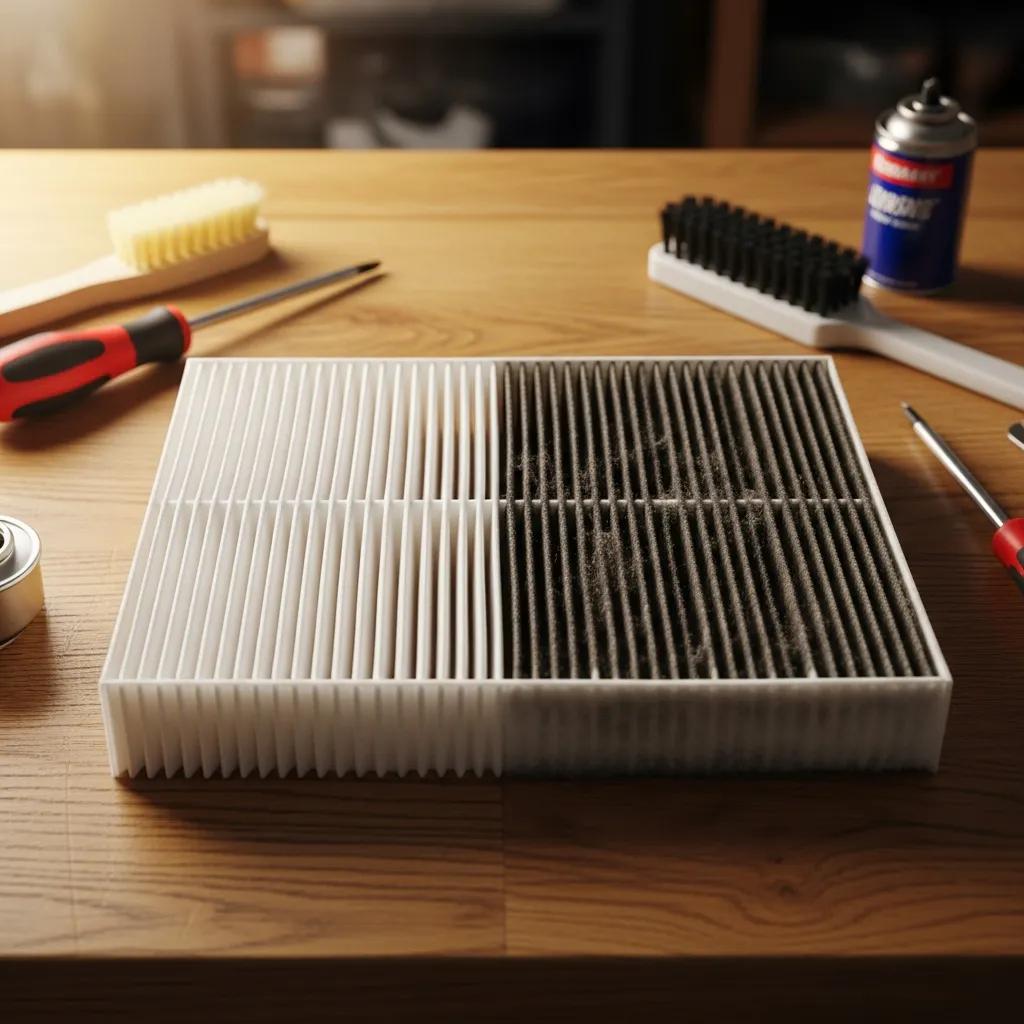 Comparison of clean and dirty air filters highlighting the importance of regular AC maintenance