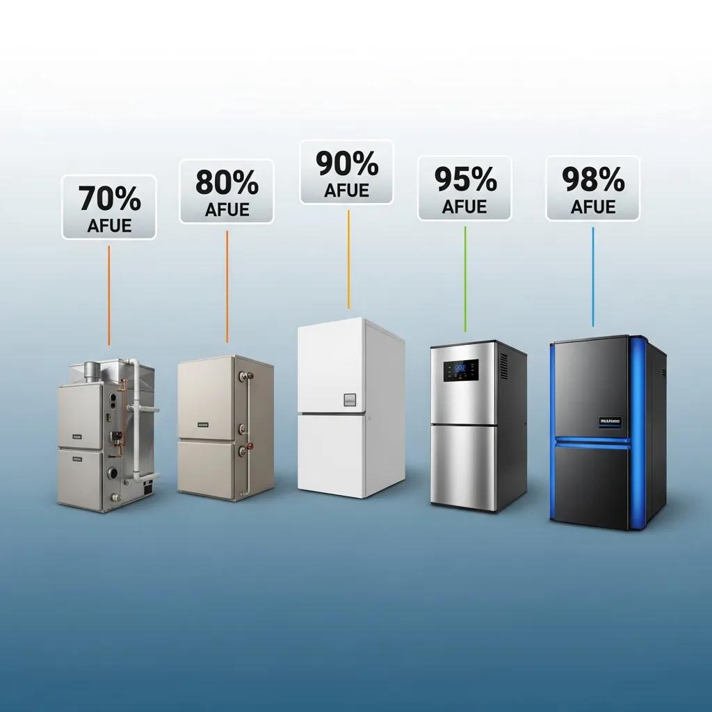 Comparison of furnace models with varying AFUE ratings, illustrating efficiency differences from 70% to 98% AFUE, showcasing diverse designs and energy efficiency levels.