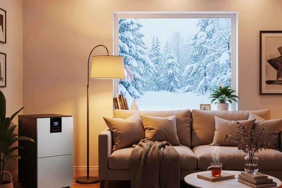 Cozy living room featuring a high-efficiency furnace, warm lighting, and a snowy winter landscape visible through the window, emphasizing comfort and energy efficiency.