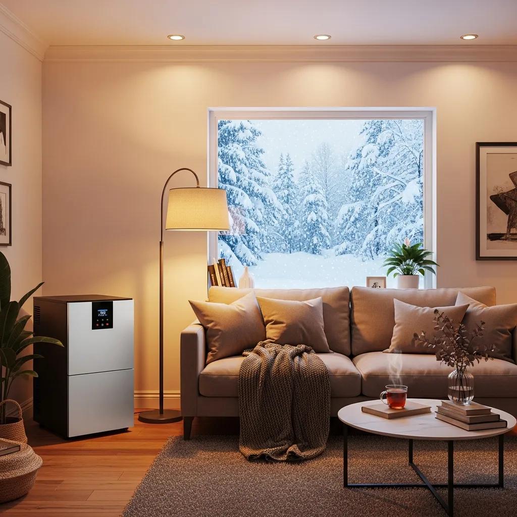 Cozy living room with a high-efficiency furnace, warm lighting, and a snowy outdoor view, emphasizing comfort and energy efficiency for winter heating.
