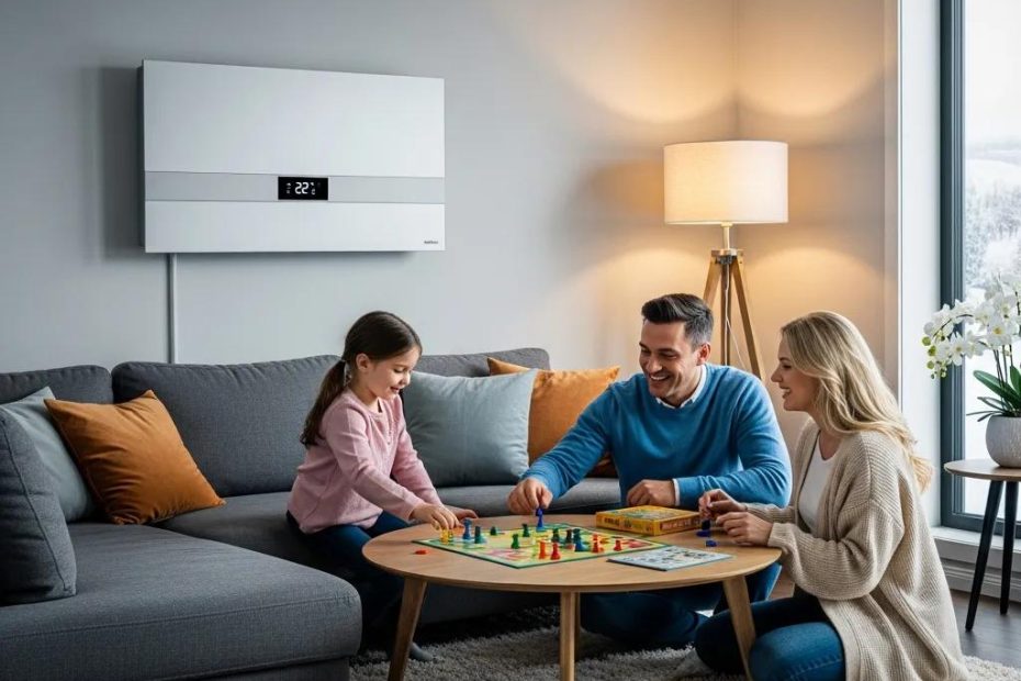 Cozy living room featuring a modern energy-efficient heating system, family playing a board game, and comfortable furnishings, emphasizing home comfort and energy efficiency.