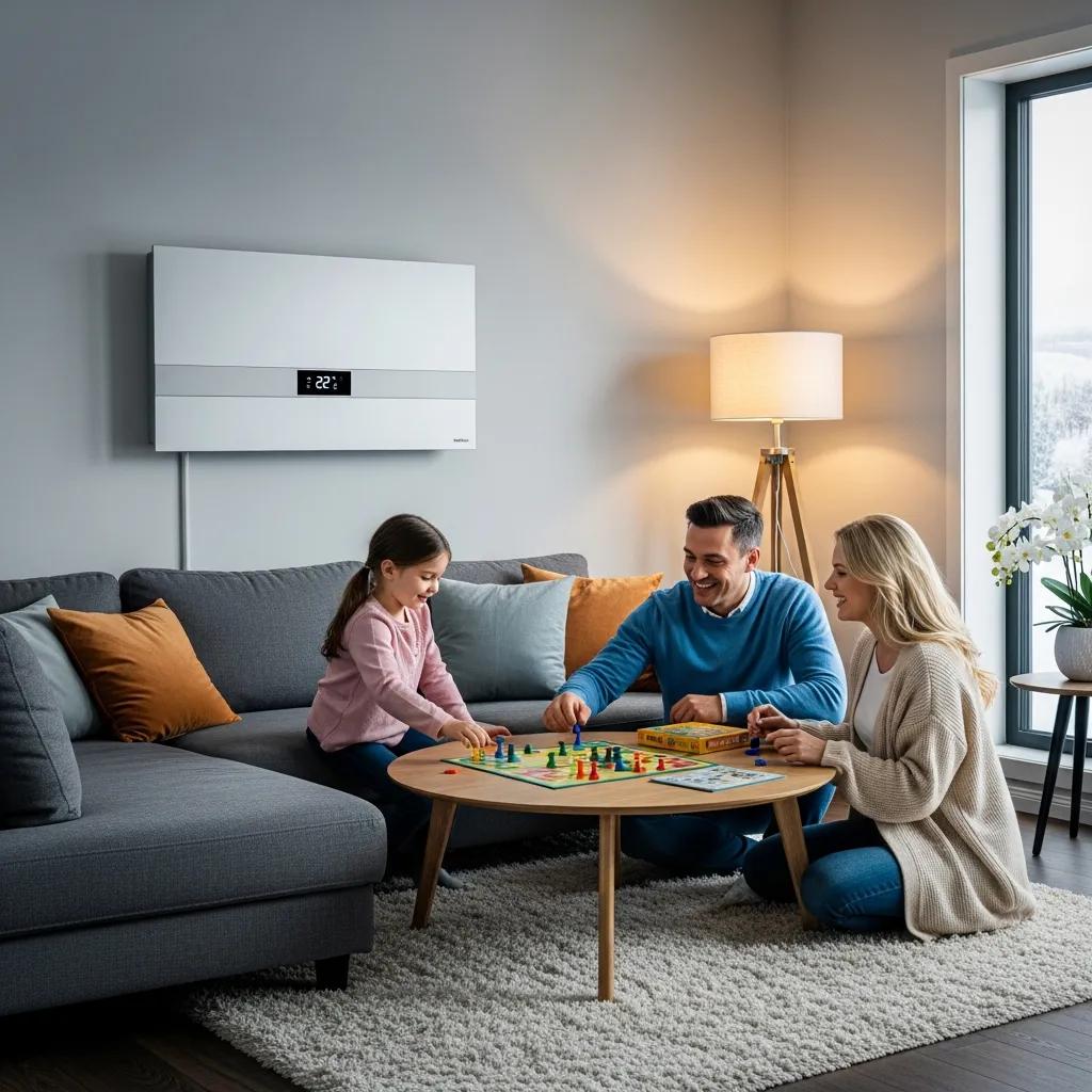 Cozy living room featuring a modern energy-efficient heating system, family playing a board game, emphasizing comfort and cost-saving heating solutions.