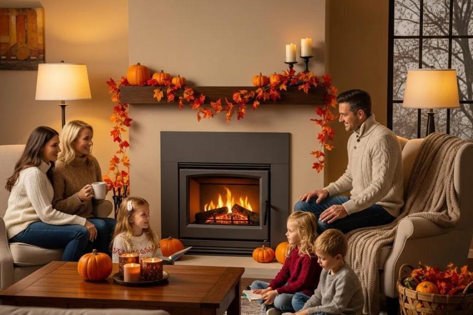 Cozy living room with a modern furnace, autumn decorations, and a family preparing for winter