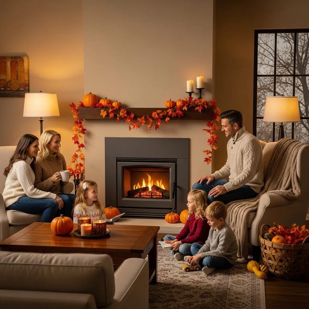 Cozy living room with a modern furnace, autumn decorations, and a family preparing for winter