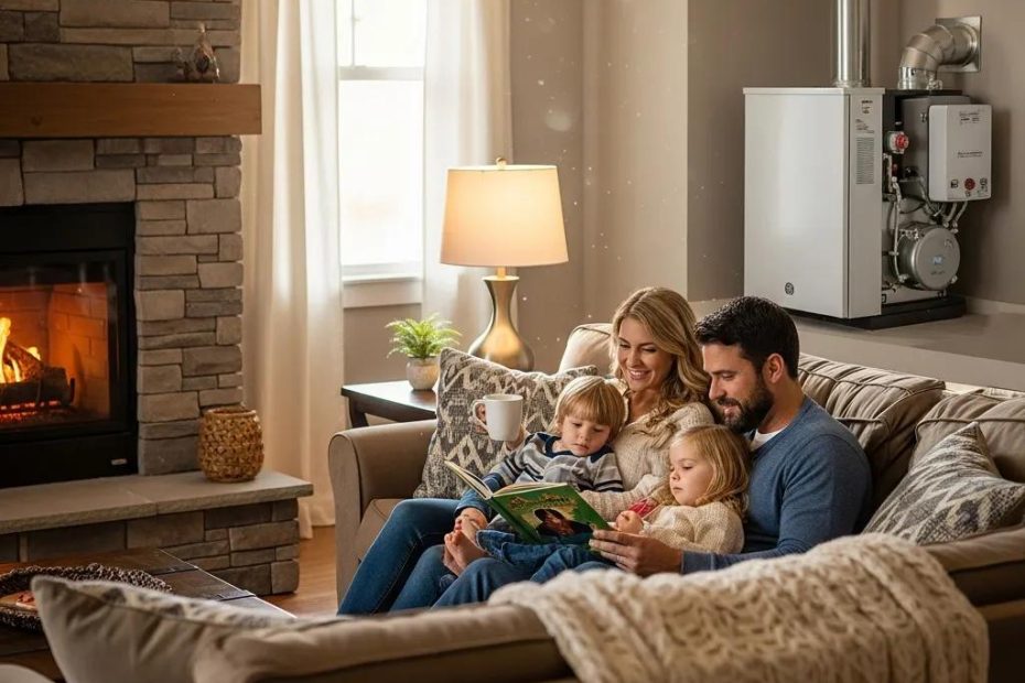 Family enjoying a safe home environment with a furnace, highlighting carbon monoxide safety