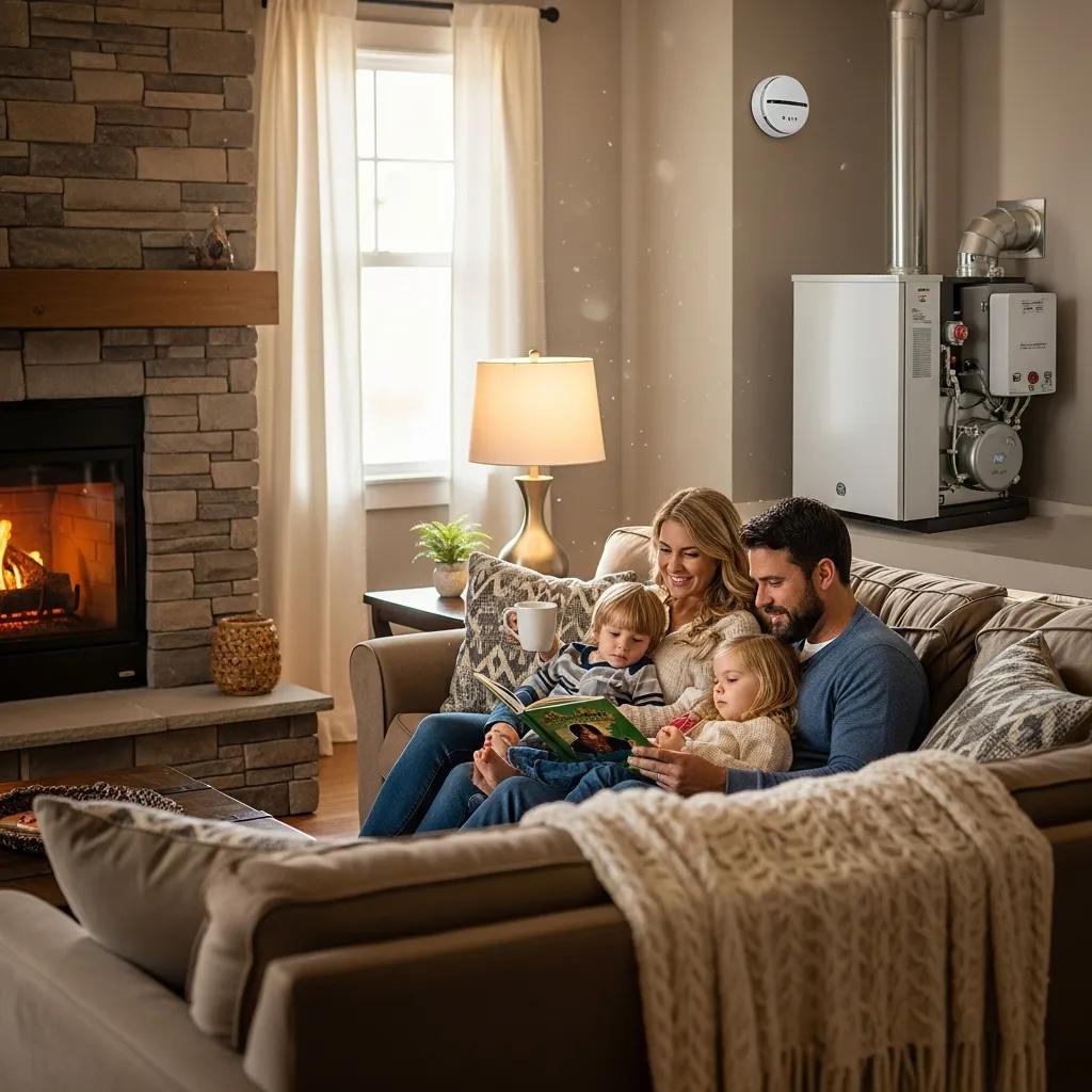 Family enjoying a safe home environment with a furnace, highlighting carbon monoxide safety