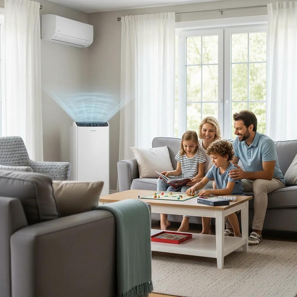 Happy family enjoying a cool living room, illustrating the benefits of a spring AC tune-up