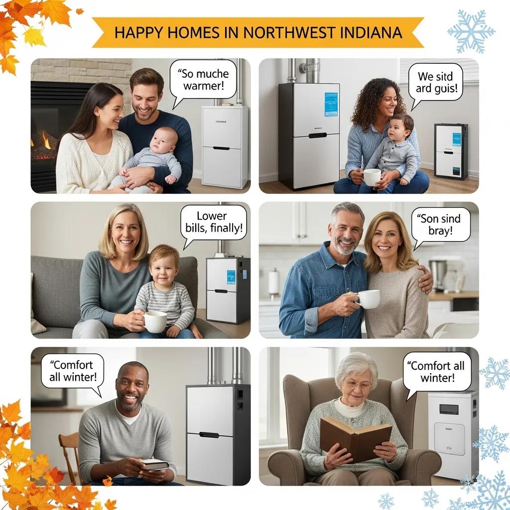Happy homeowners in Northwest Indiana sharing testimonials about energy savings from high-efficiency furnaces, expressing warmth, comfort, and reduced bills.