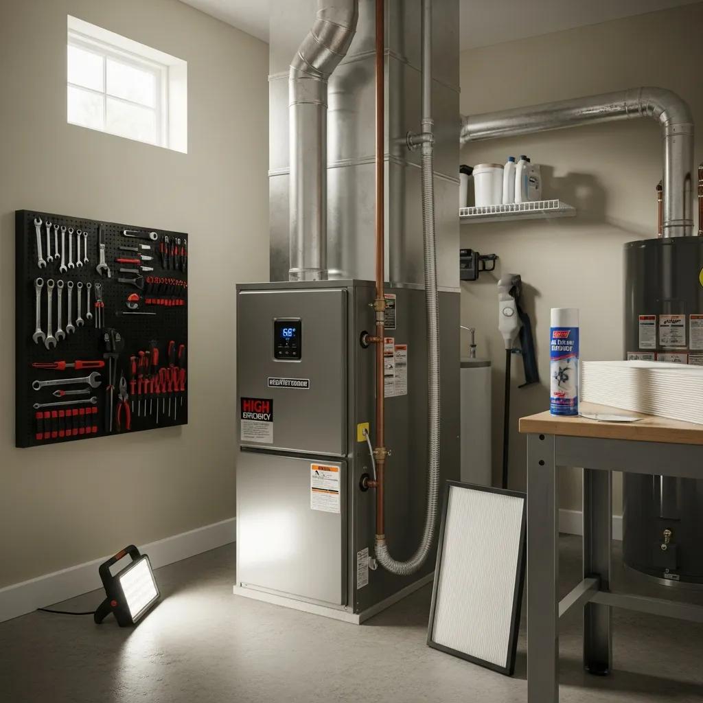 High-efficiency furnace in a utility room with advanced technology, tools on wall, and maintenance supplies, illustrating energy-efficient heating solutions for reducing heating costs.