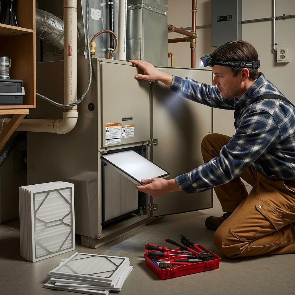 Homeowner changing air filter in furnace, demonstrating maintenance for HVAC efficiency in a clean utility room.