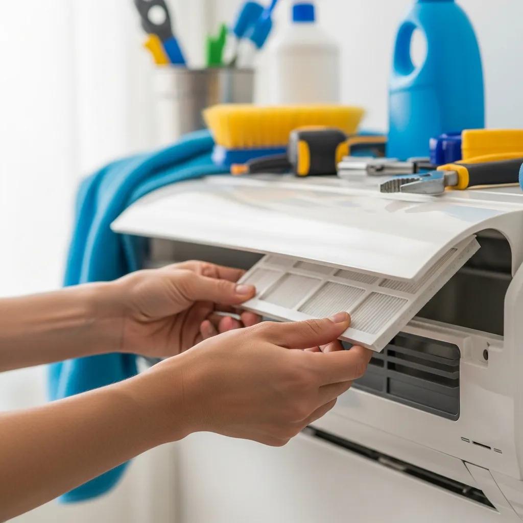 Homeowner changing an air filter in an AC unit, demonstrating simple DIY maintenance tasks