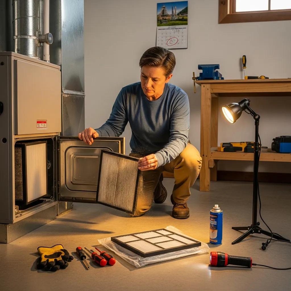 Homeowner inspecting a furnace filter with tools in a well-lit utility room