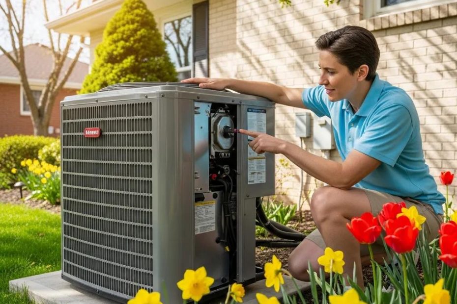 Homeowner inspecting HVAC system outdoors surrounded by blooming flowers, focusing on maintenance and efficiency during spring.