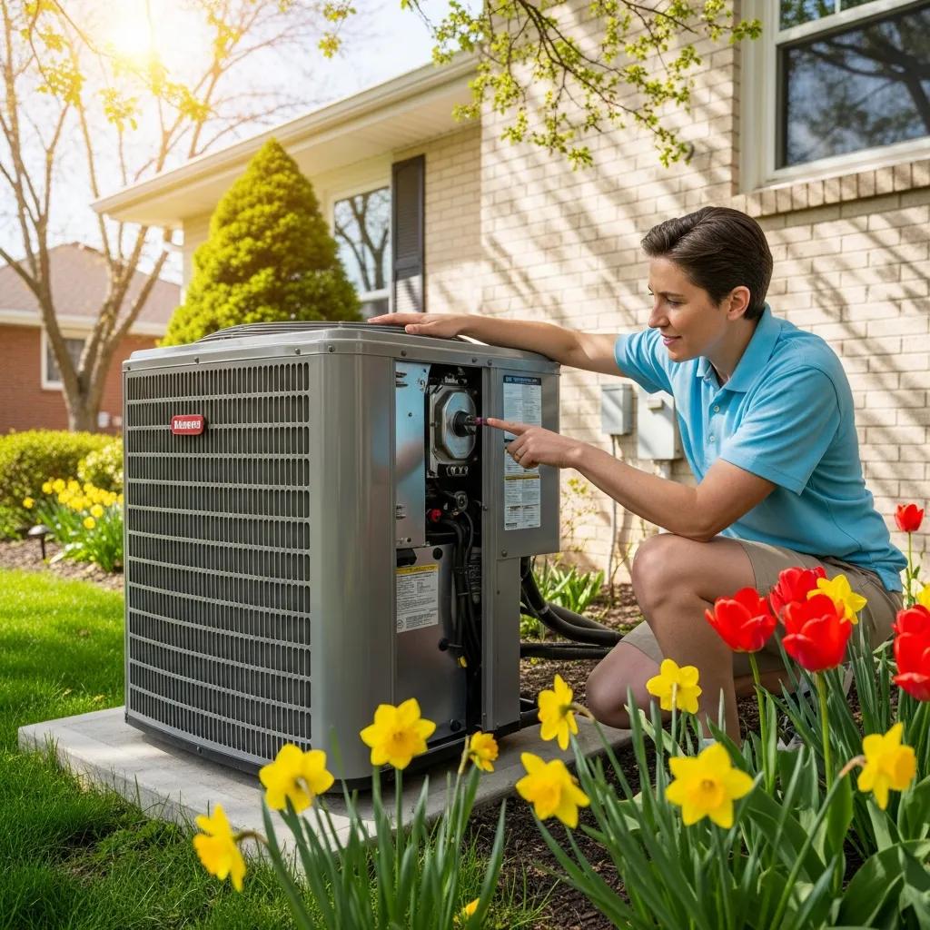 Homeowner inspecting HVAC system outdoors among blooming flowers, emphasizing spring maintenance for efficient heating and cooling.