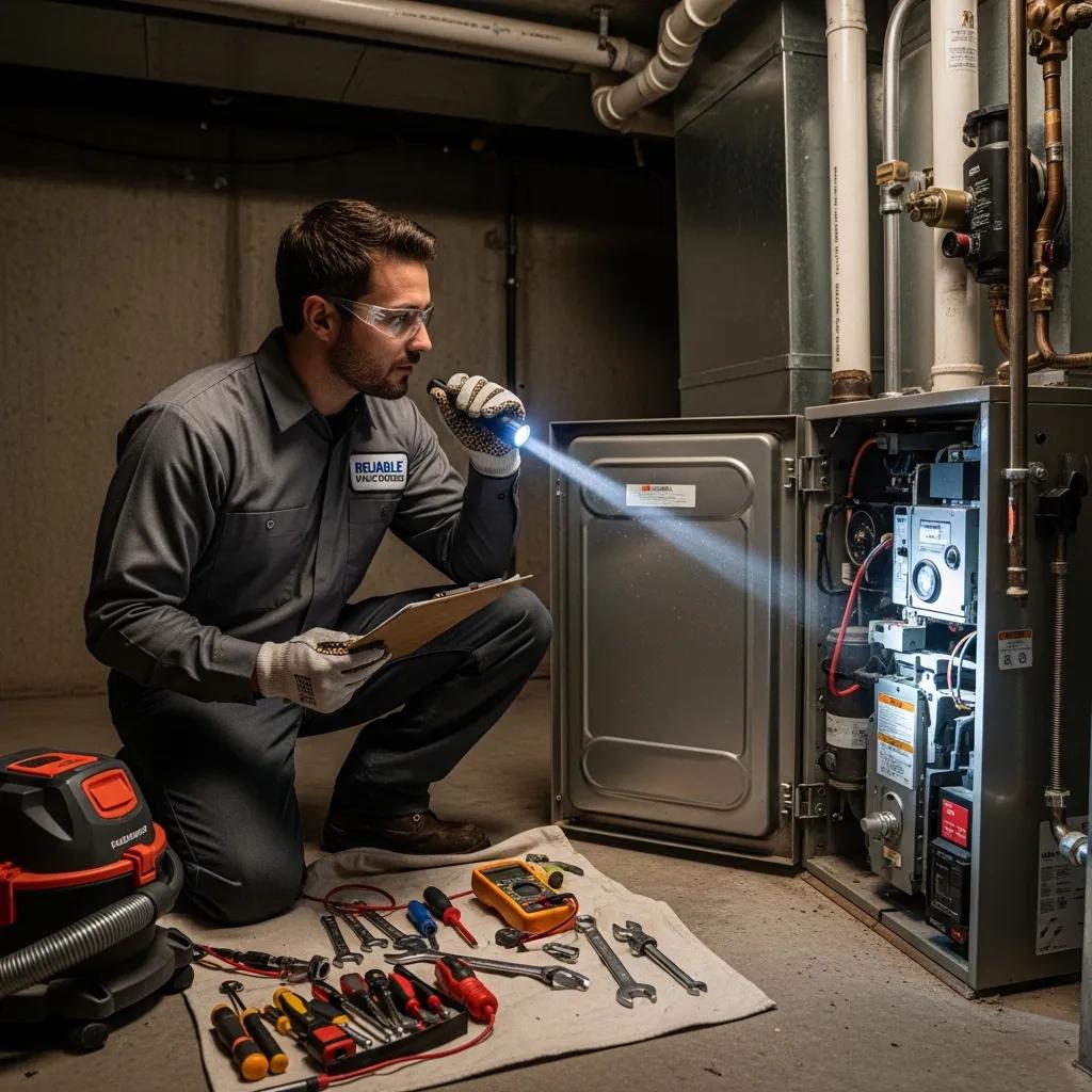 HVAC technician inspecting a furnace in a residential home, emphasizing professional maintenance
