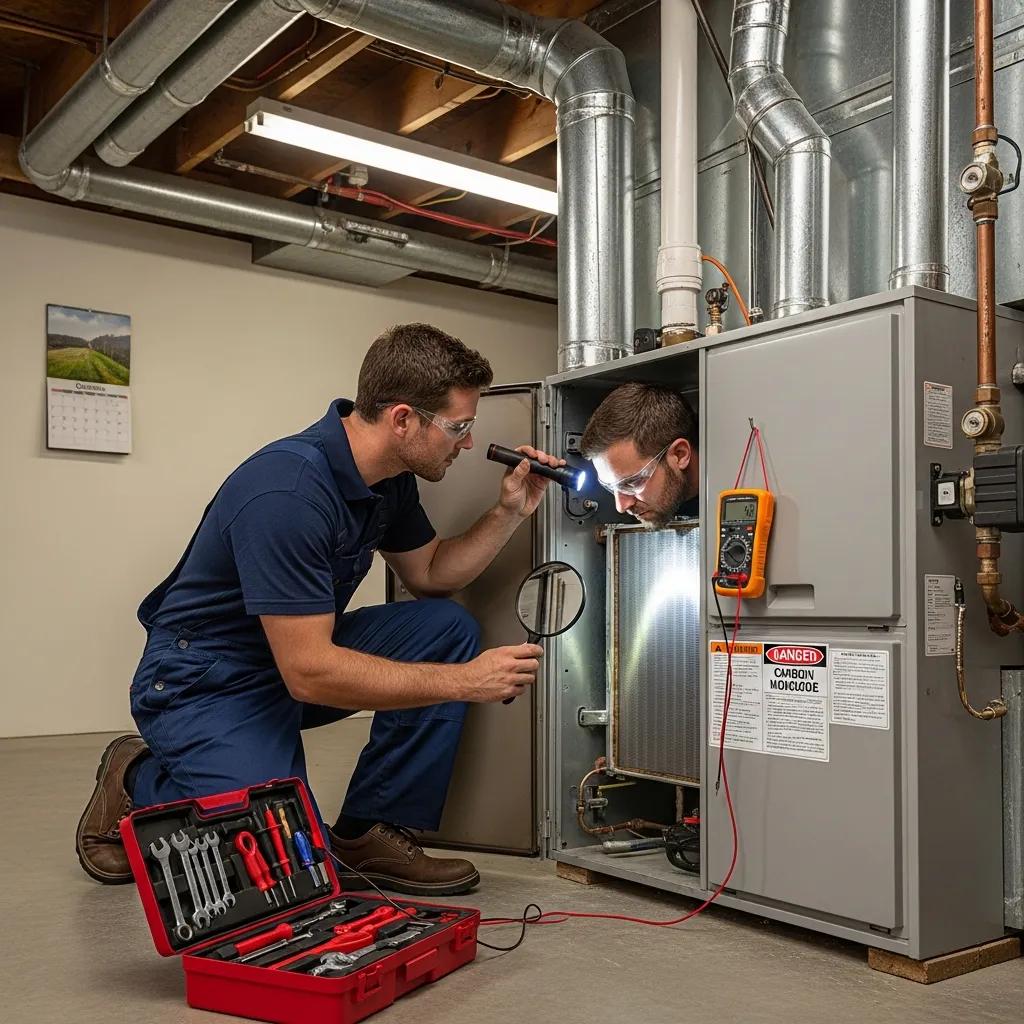 HVAC technician performing a safety inspection on a furnace, highlighting maintenance importance