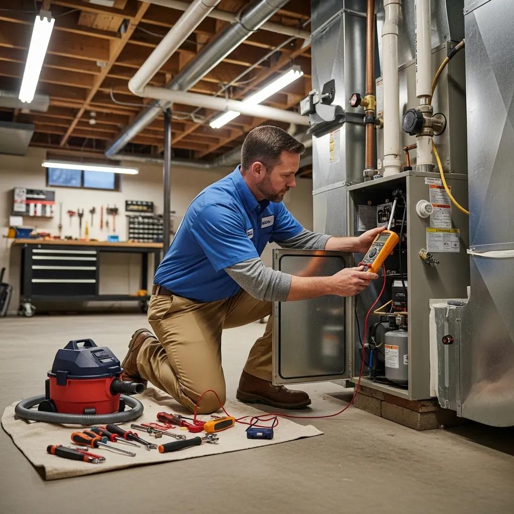 HVAC technician performing maintenance on a furnace, using tools and a multimeter, emphasizing best practices for installation and efficiency in home heating systems.