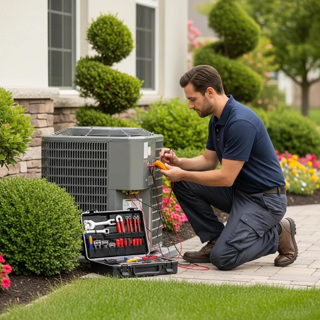 HVAC technician performing maintenance on air conditioning unit with tools, emphasizing residential HVAC services and spring checkup importance for energy efficiency.