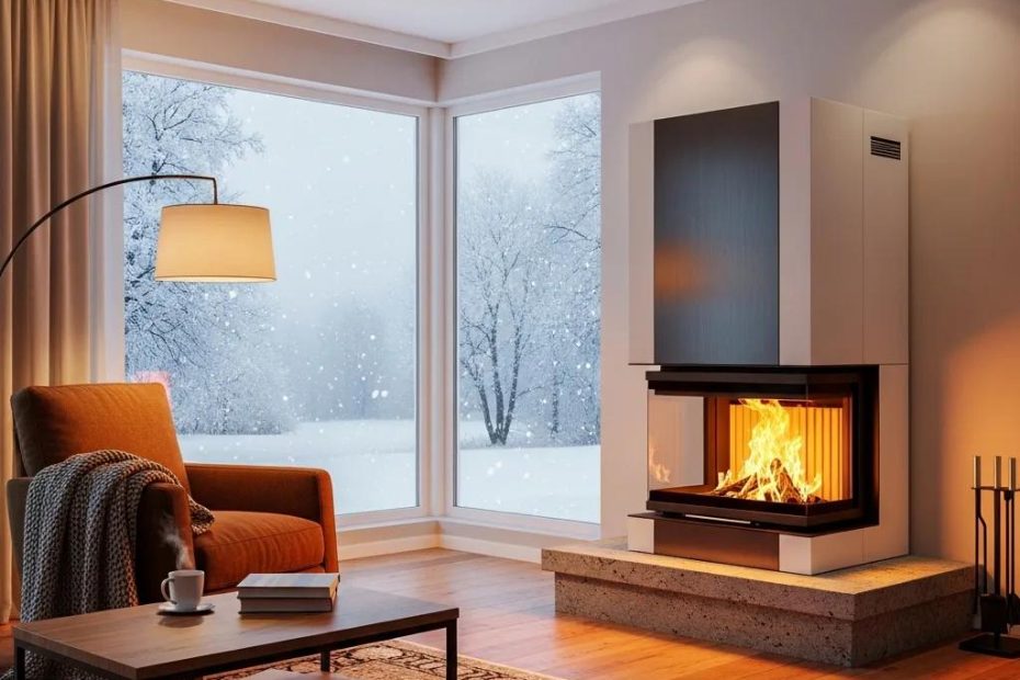 Modern furnace in a cozy living room with a warm fire, highlighting energy efficiency during winter snowfall, emphasizing heating comfort and efficiency.